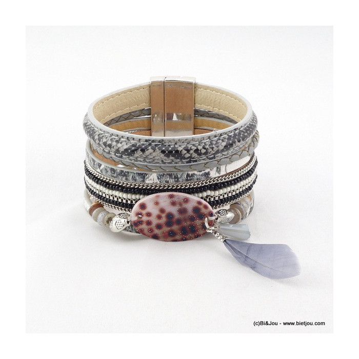 Bracelet manchette en simili-cuir avec métal, cristal, plume, nacre et perles de rocailles 0216079