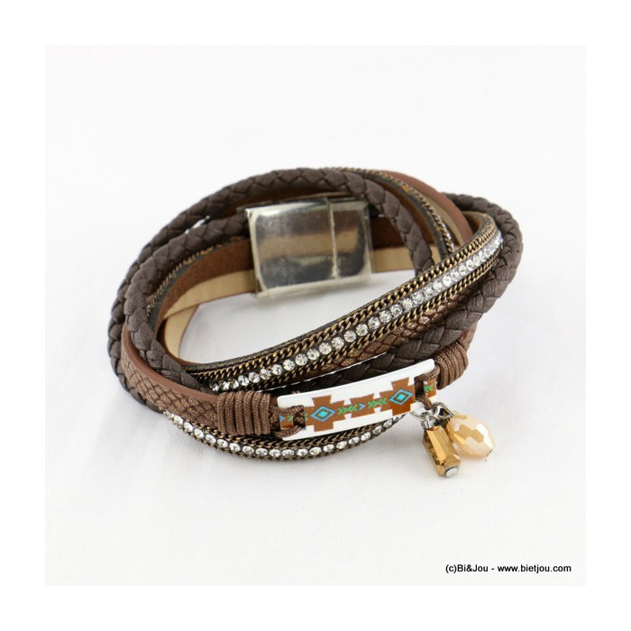 Bracelet simili-cuir multi-tours aimanté avec métal, strass, cristal et polyester 0216540 