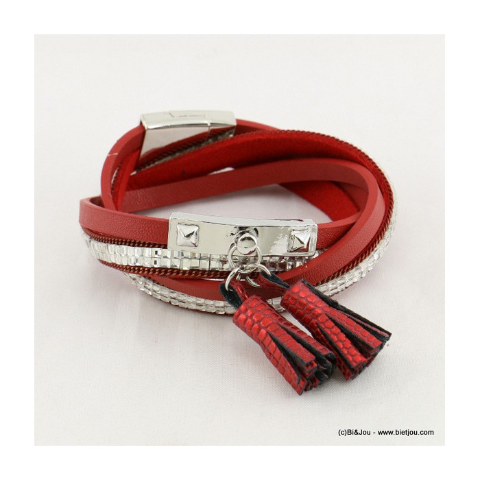 Bracelet simili-cuir multi-tours avec pompon tassel en synthétique, métal et strass 0216554