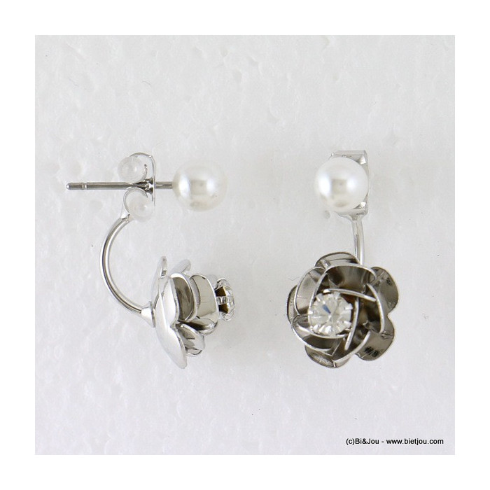 Boucles d'oreilles sous lobe en métal avec fleur en relief 3D, imitation perle et strass femme 0317047