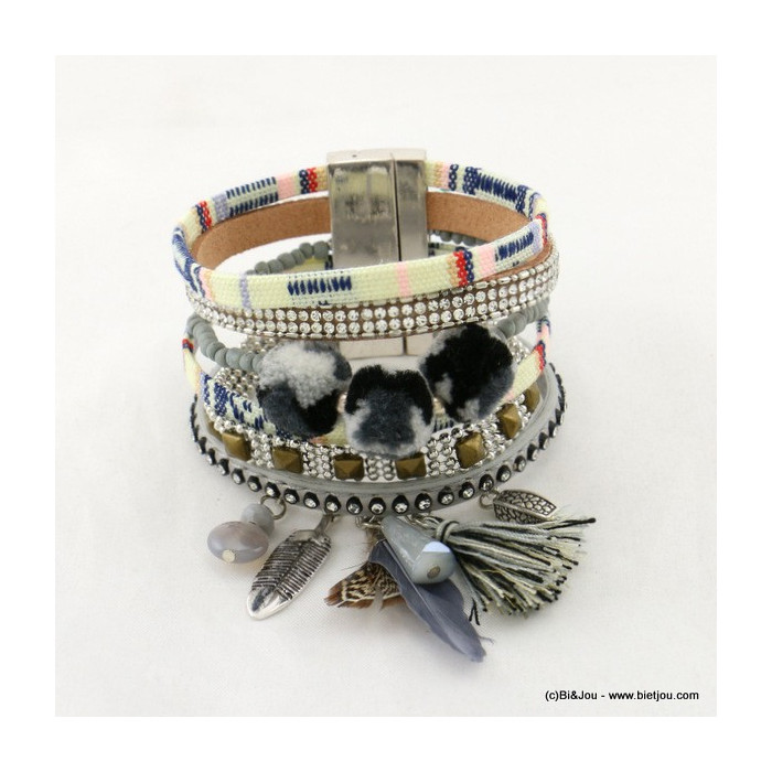 bracelet manchette simili-cuir aimanté pompon rond tassel plume métallique 0217012
