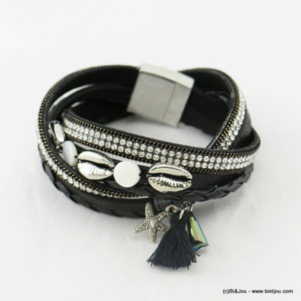 bracelet multi-tours simili-cuir aimanté coquillage étoile de mer métallique pompon tassel 0217026 noir