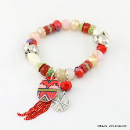 bracelet élastique pièce motif aztèque pompon tassel chaînes fines 0217164 rouge