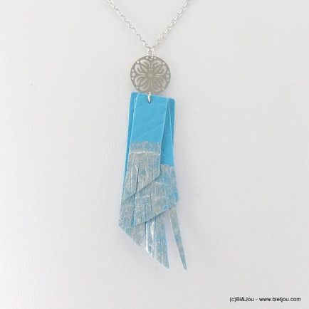 collier pendentif frange simili-cuir rosace filigrane 0117269 bleu turquoise