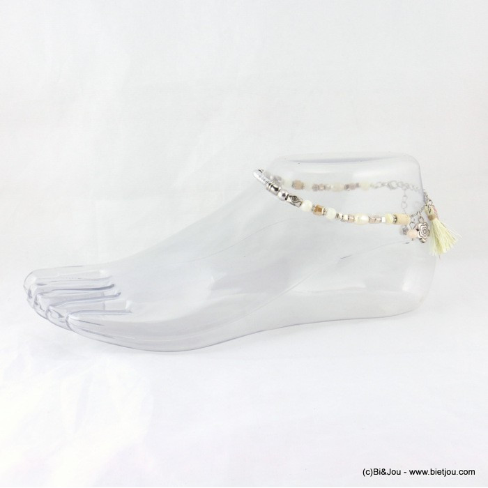 Bracelet de pied en perle avec pompon tassel et fleur métallique