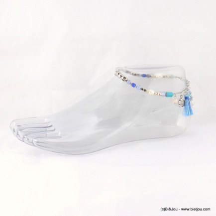 chaine de cheville pompon tassel tissu fleur métallique 0617038 bleu