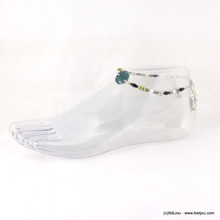 Bracelet de pieds en perles avec pendentif en plume métallique et perle plate 