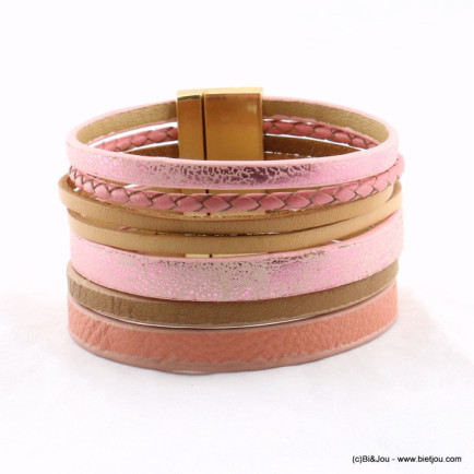 bracelet manchette CUIR véritable et simili-cuir fermoir aimanté 0217197 rose