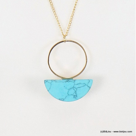 collier minimaliste anneau métallique demi-lune effet marbré 0117305 bleu turquoise