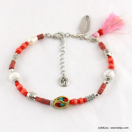 Bracelet de pieds en perles avec pendentif en plume métallique et pompon tassel en tissu rouge