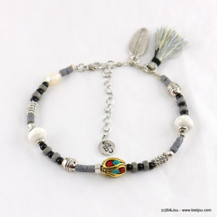 Bracelet de pieds en perles avec pendentif en plume métallique et pompon tassel en tissu gris