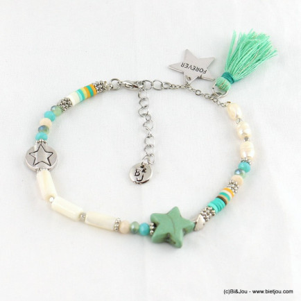 Bracelet de pieds en perles avec pompon tassel en tissu et pendentif étoile "Friends Forever" bleu turquoise