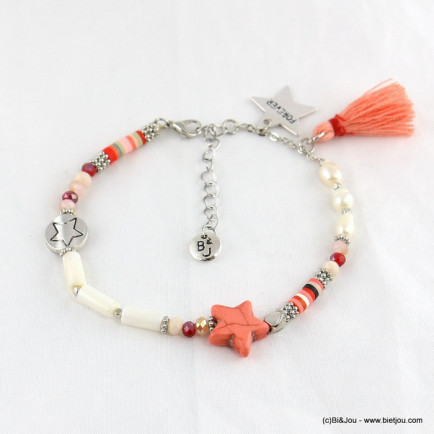 Bracelet de pieds en perles avec pompon tassel en tissu et pendentif étoile "Friends Forever" rouge corail