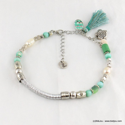 Bracelet de pied en perle avec pompon tassel et fleur métallique vert
