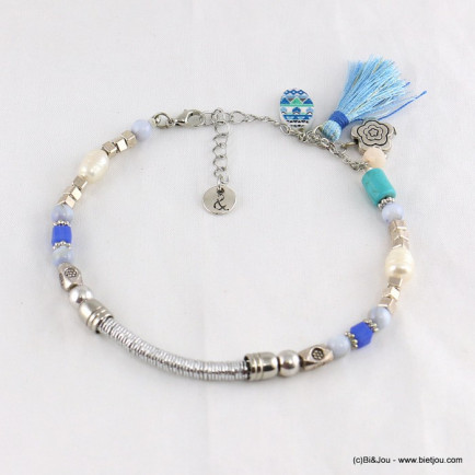 Bracelet de pied en perle avec pompon tassel et fleur métallique bleu