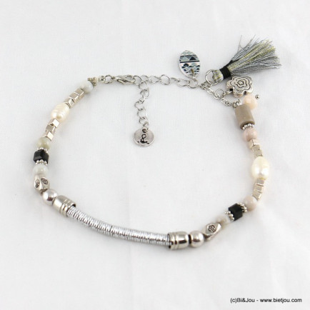 Bracelet de pied en perle avec pompon tassel et fleur métallique gris