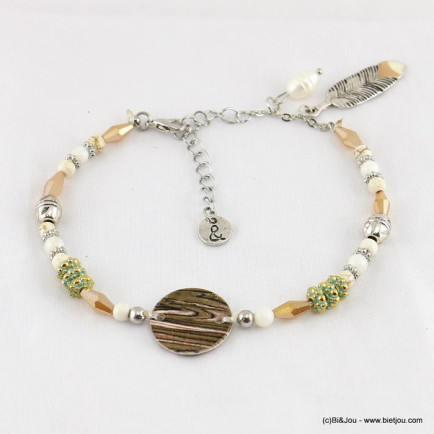 Bracelet de pieds en perles avec pendentif en plume métallique et perle plate beige