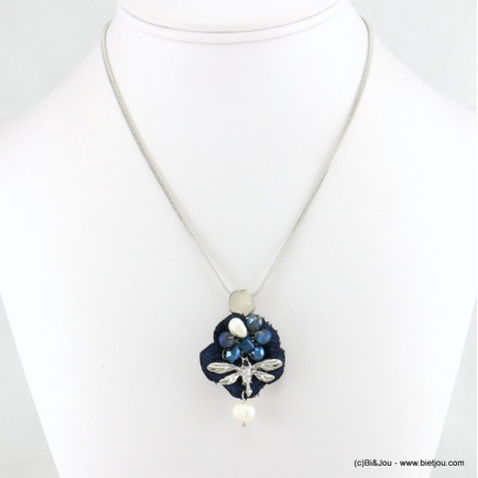 collier libellule métallique fleur tissu 0117600 bleu foncé