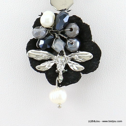 collier libellule métallique fleur tissu 0117600 noir