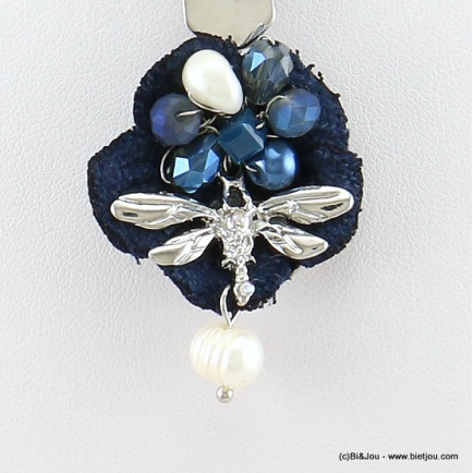 collier libellule métallique fleur tissu 0117600 bleu