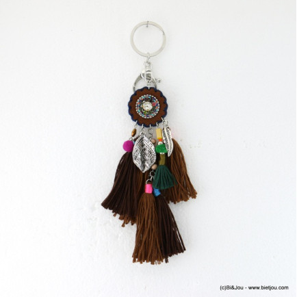 porte-clés bijoux de sac gypsy boho hippie pompon tassel tissu 0817507 marron