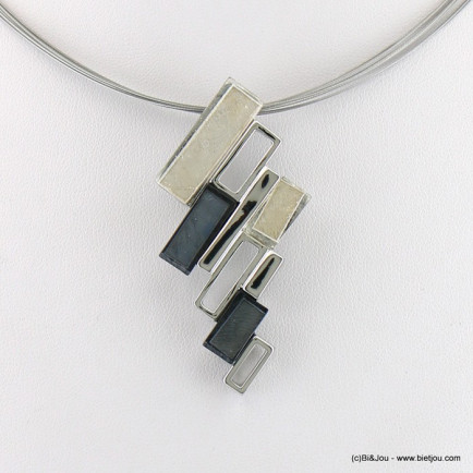 collier pendentif géométrique résine colorée cable multi-brins 0118044 gris foncé