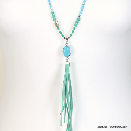 sautoir femme gypsy perles de cristal pompon tassel façon daim 0118140 bleu turquoise
