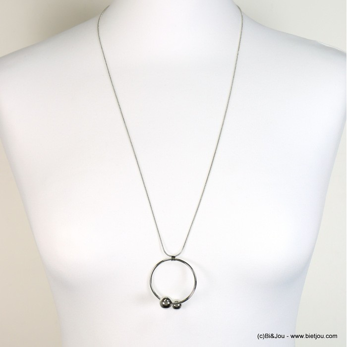 Sautoir géométrique anneau métallique billes métal imitation perle