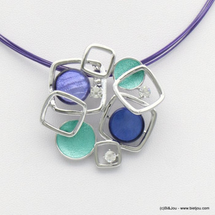 collier géométrique pièces résine colorée câble multi-brins 0118532 bleu