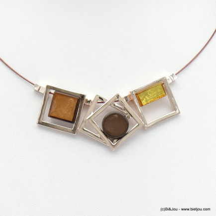 collier suite carrés métal résine colorée câble 0118526 marron