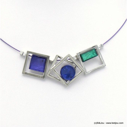 collier suite carrés métal résine colorée câble 0118526 bleu