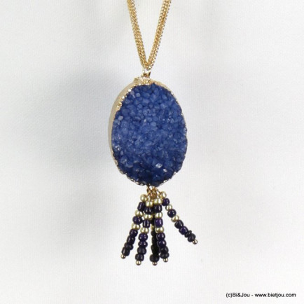 sautoir pendentif pierre naturelle perles rocaille cristal 0118579 bleu foncé