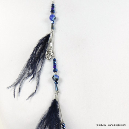 sautoir plumes cristal pierre coloré feuilles métal 0118538 bleu foncé
