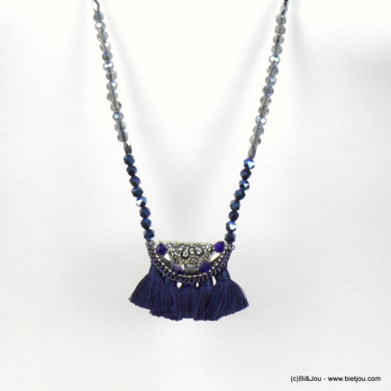 sautoir femme cristal bicolore pompons tissu 0118543 bleu foncé