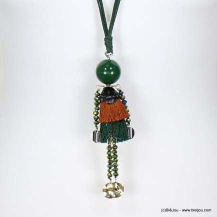 sautoir poupée articulée vintage cristal cordons simili-daim 0118647 vert kaki