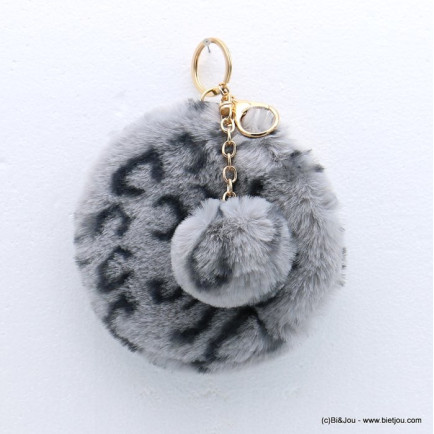 porte-clés bijou de sac porte-monnaie rond imitation fourrure motif léopard pompon 0818505