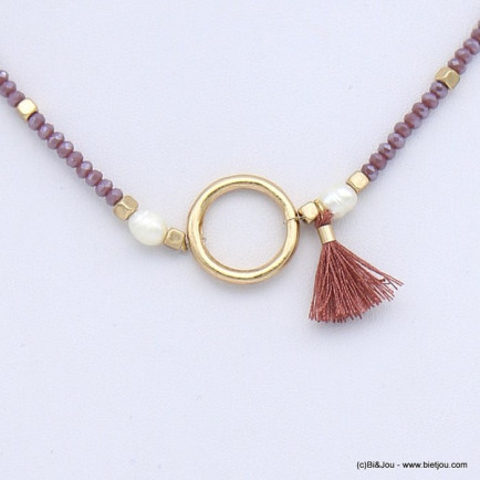 collier cristal court élastique femme pompon tassel tissu perle eau douce 0118633 violet