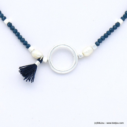 collier cristal court élastique femme pompon tassel tissu perle eau douce 0118633 bleu foncé