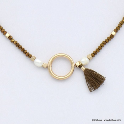 collier cristal court élastique femme pompon tassel tissu perle eau douce 0118633 bronze