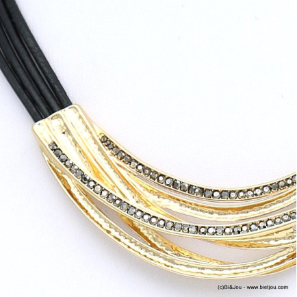 collier femme cordons cuir véritable pendentif métal strass 0118660 doré