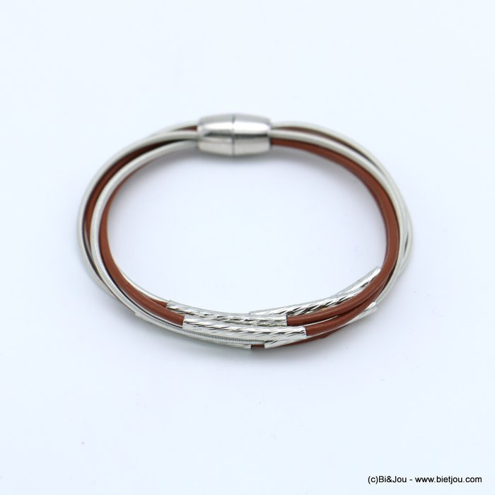 bracelet aimanté multi-brins ressort cuir véritable tube métal femme 0218557