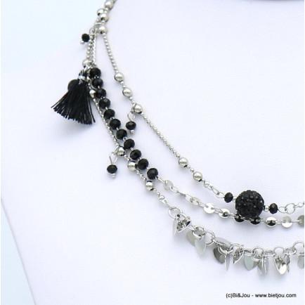 collier multi-rangs chaînes coeur métal cristal bille strass pompon tassel tissu femme 0118678 noir