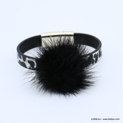 bracelet aimanté simili-cuir léopard boule de poil vintage femme 0218554