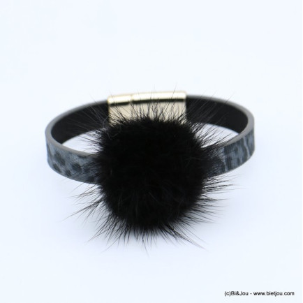 bracelet aimanté simili-cuir léopard boule de poil vintage femme 0218554