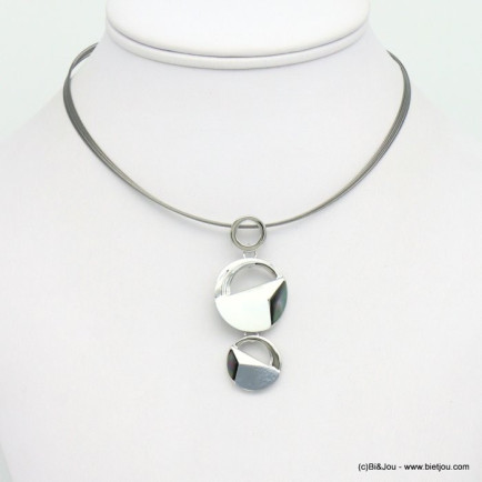 collier pendentif géométrique émail nacre métal câbles multi-brins femme 0119041