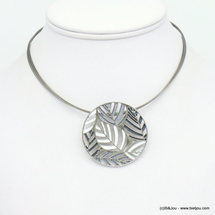 collier pendentif rond feuille fougère métal coloré câble multi-brins femme 0119047