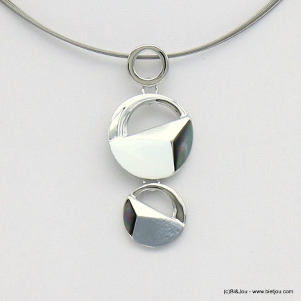 collier pendentif géométrique émail nacre métal câbles multi-brins femme 0119041 gris clair