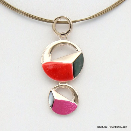 collier pendentif géométrique émail nacre métal câbles multi-brins femme 0119041 rouge corail