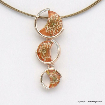 collier pendentif fleurs séchées strass résine métal coloré câble multi-brins femme 0119051 orange