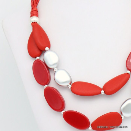 collier double-rangs perles amande bois ovale résine coloré ccb 0119019 rouge